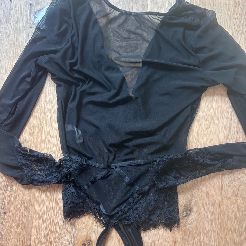 NWT Frenchaffiar Black Sheer Lace Bodysuit lingerie